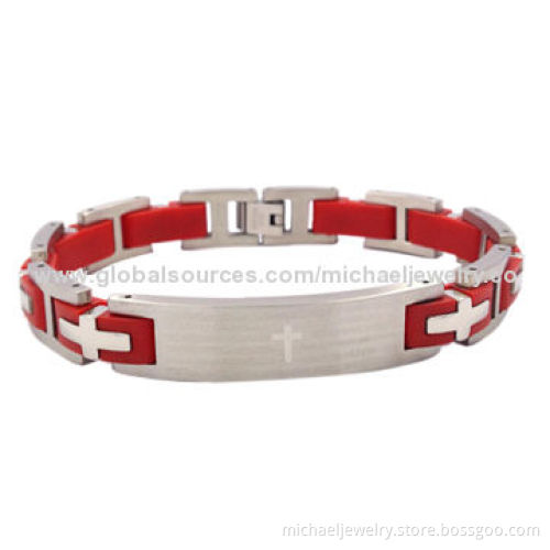 Stainless Steel Bracelets with Red Rubber, Healthy and Fashionable